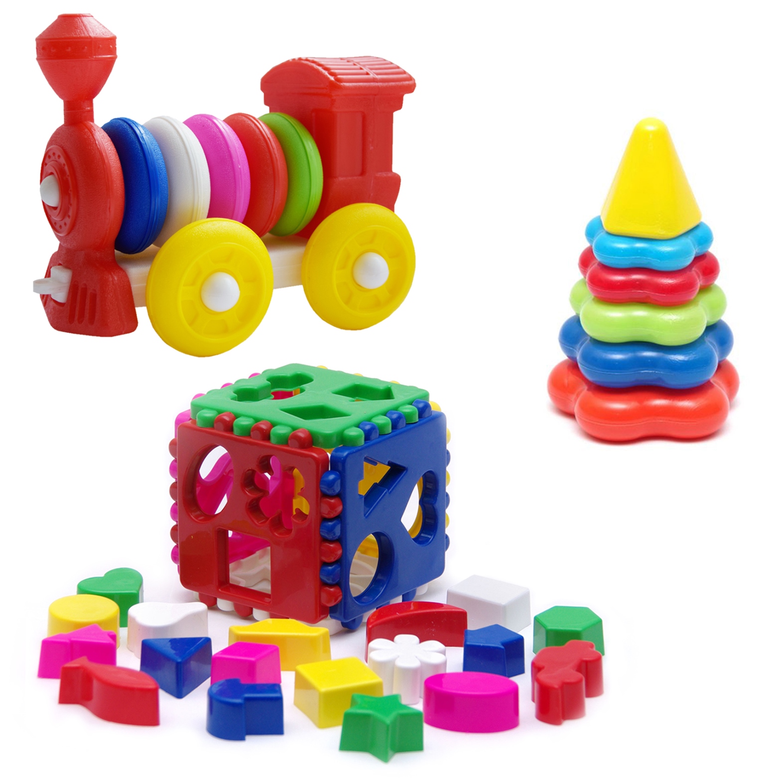 фото Развивающие игрушки karolina toys кубик лог. бол.+пирамида мал.+констр.каталка паровозик