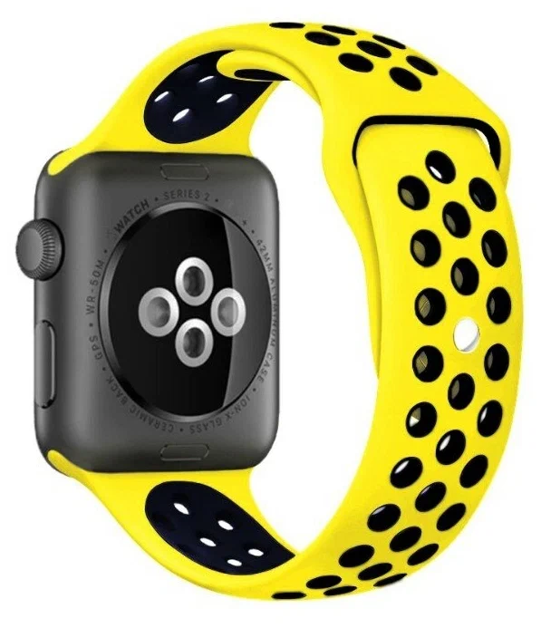 

Ремешок силиконовый перфорированный NK для Apple Watch 42/44мм (39), темно-синий+желтый