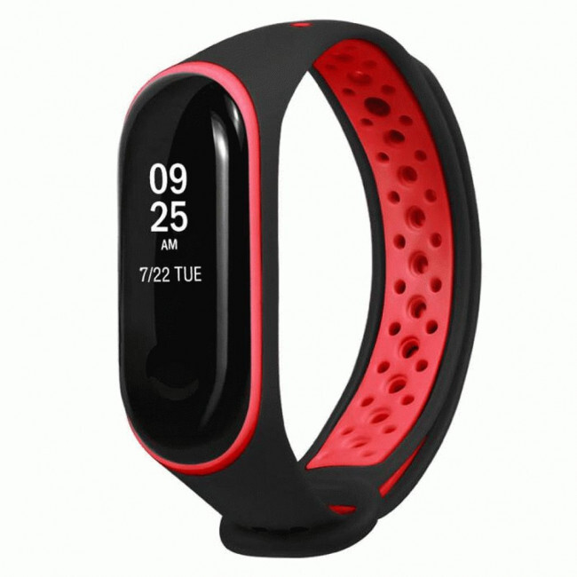 фото Ремешок силиконовый перфорированный nk для xiaomi mi band 5 (1), черный+красный, на кнопке nobrand