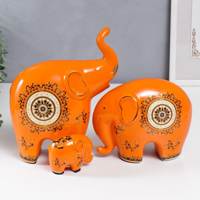 фото Сувенир керамика "три слона - узоры" оранж набор 3 шт 6,5х4,6х8,2 15х8,5х18 24х9,2х19,3 см nobrand