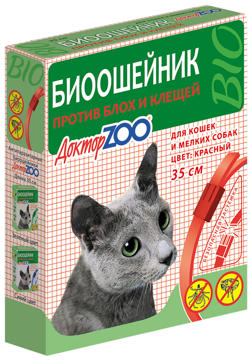 фото Ошейник для кошек и мелких собак против блох, клещей доктор zoo био красный, 35 см, 6 шт