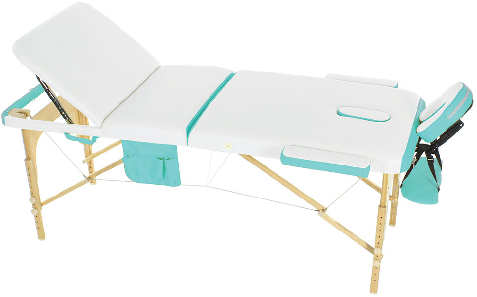Стол массажный с деревянной рамой JF-AY01 3-секционный белый/бирюзовый