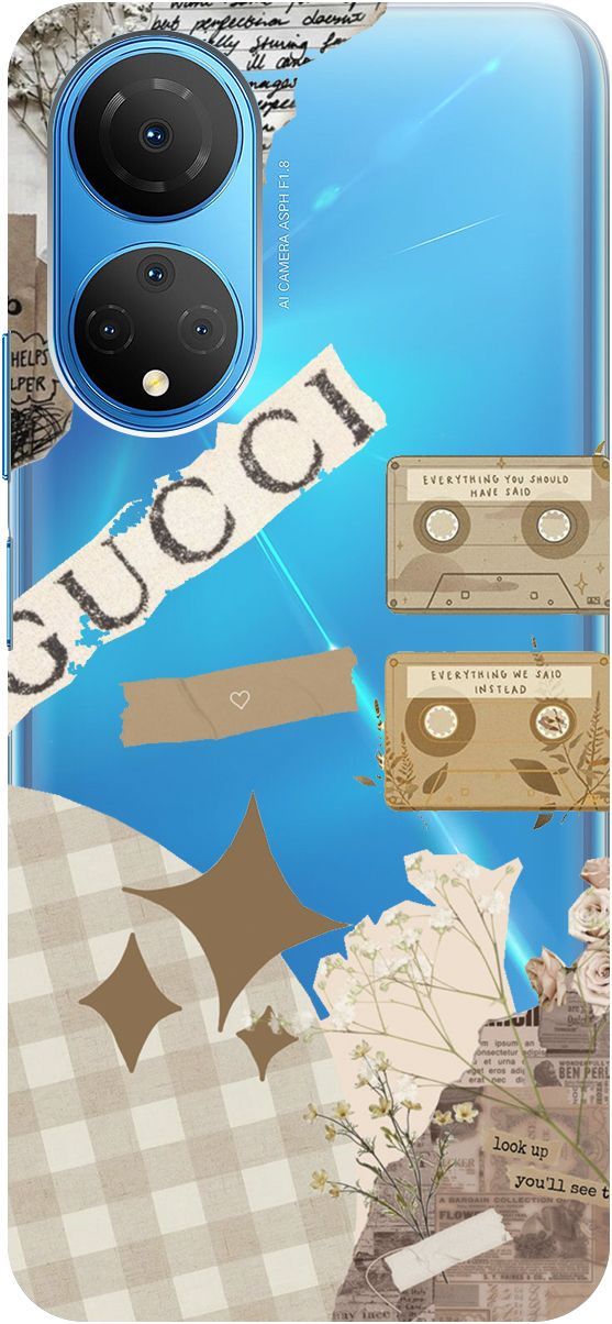 

Силиконовый чехол на Honor X7 "GUCCI Stickers" прозрачный, Прозрачный;бежевый, 158556