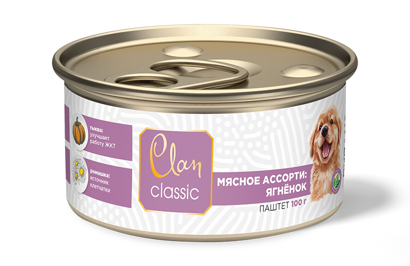 

Консервы для щенков Clan Classic Мясное ассорти, 16шт по 100г, Classic
