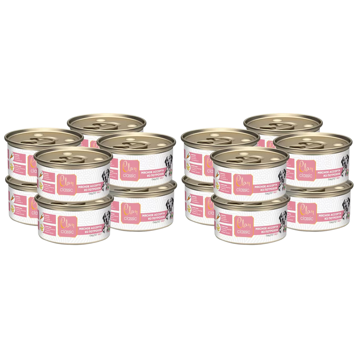 

Консервы для собак Clan Classic Мясное ассорти, потрошки, 16шт по 100г, Classic