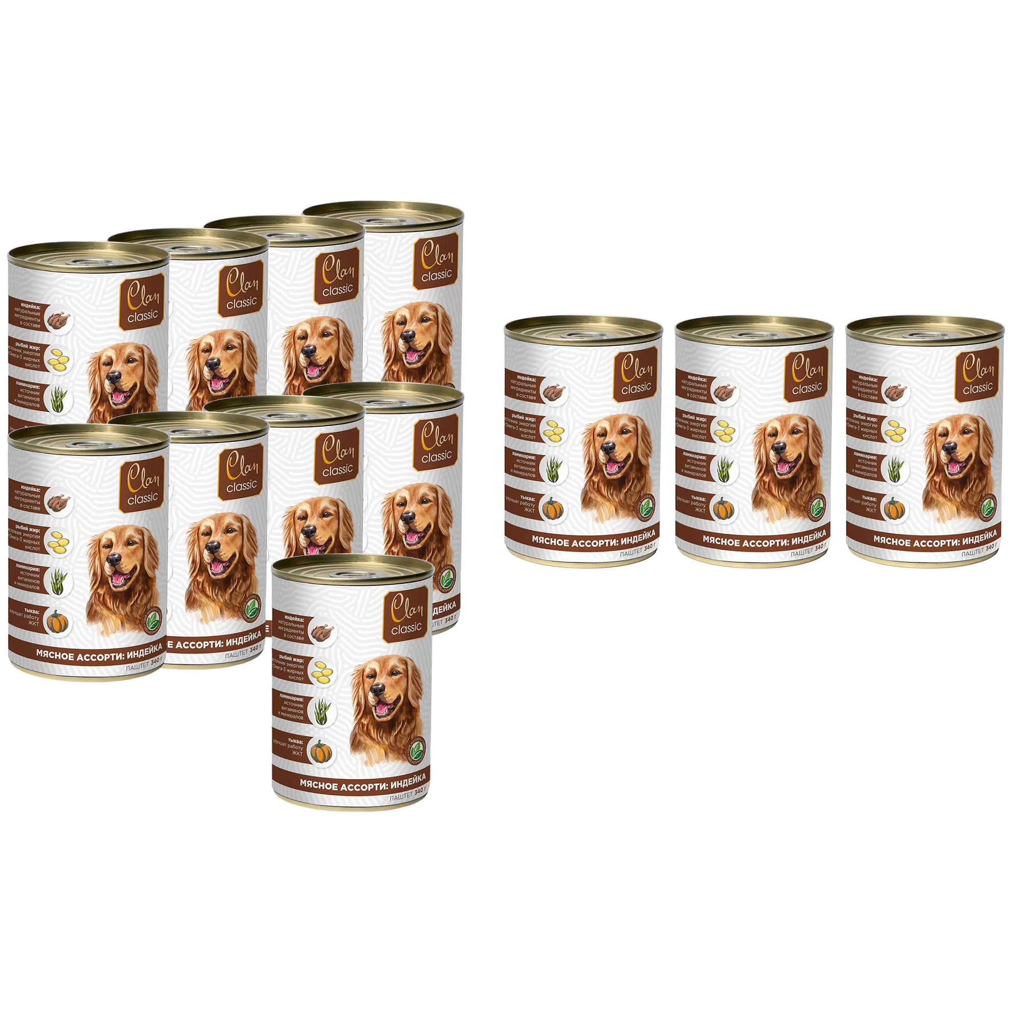 

Консервы для собак Clan Classic Мясное ассорти, индейка, 12шт по 340г, Classic