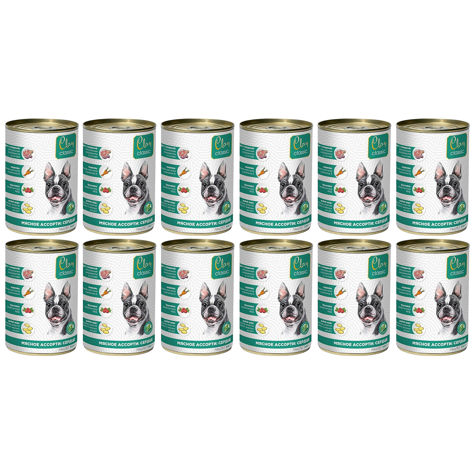 

Консервы для собак Clan Classic Мясное ассорти, сердце, 12шт по 340г, Classic
