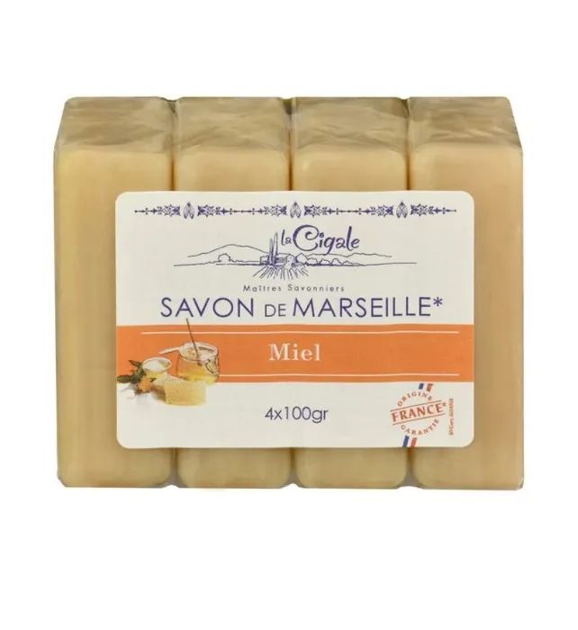 Мыло твердое Марсельское с медом 4 x 100 г, La Cigale (Франция)