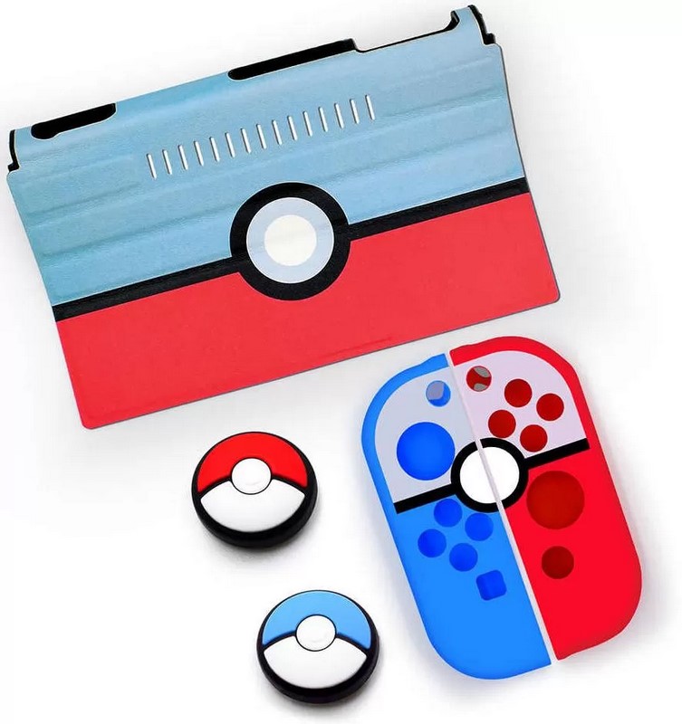 OEM Чехол-шторка на экран + силиконовый чехол для Joy-Con + накладки на стики (Pokeball) (