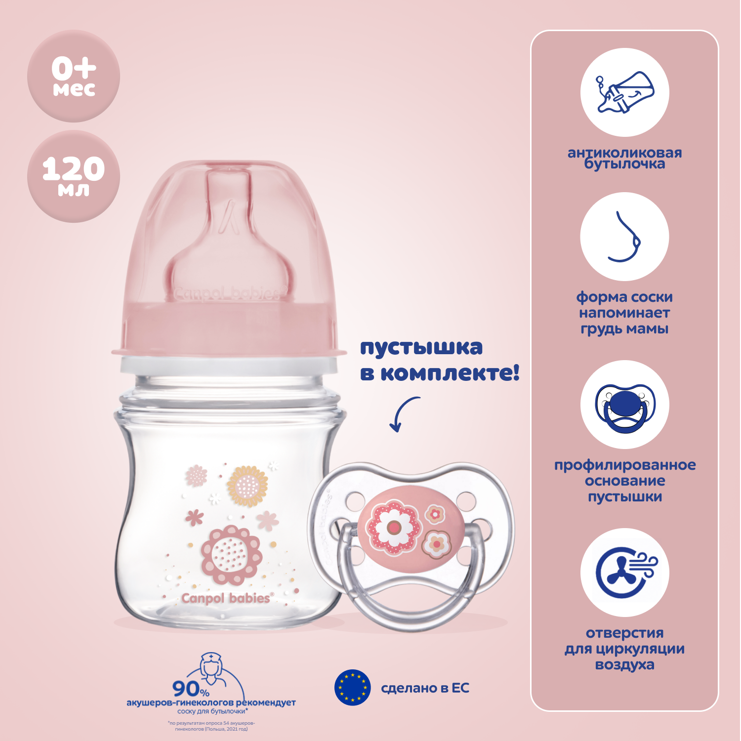 Набор CANPOL Антиколиковая бутылочка 120 мл и пустышка для новорожденных 0-6 Розовая набор canpol newborn baby антиколиковая бутылочка 120 мл и пустышка для новорожденных 0 6