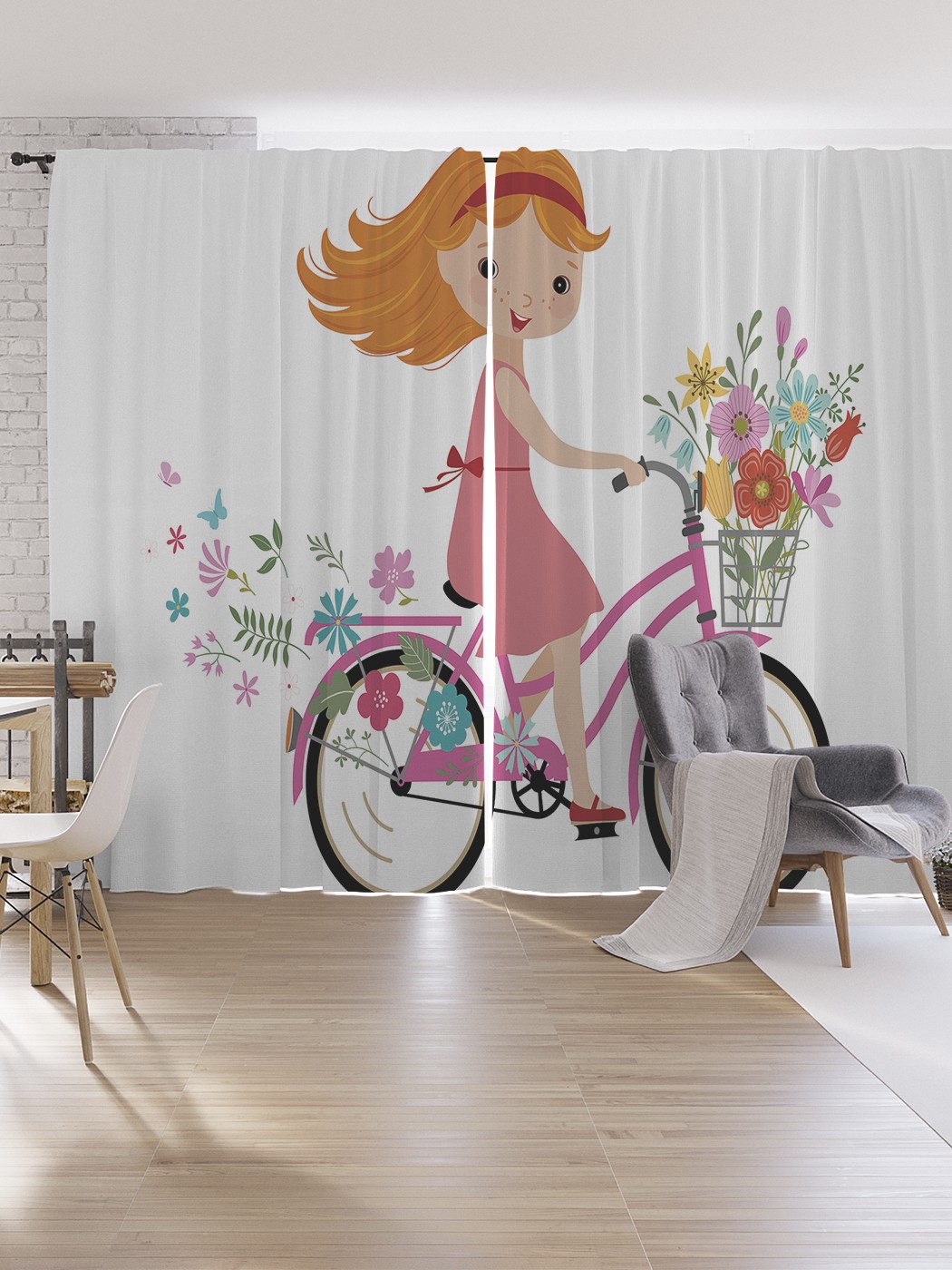фото Шторы под лён joyarty "на велосипеде с цветами", серия oxford delux, 340х265 см