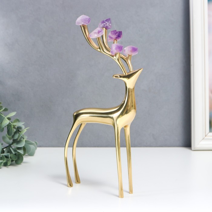 

Сувенир интерьерный латунь, кварц "Золотой олень с кристаллами аметиста" 25х5х14 см