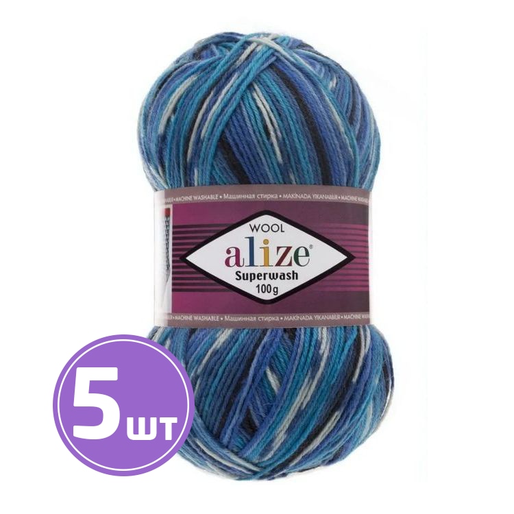 

Пряжа ALIZE Superwash100 4446, черно-сине-голубой, 5 шт. по 100 г, Разноцветный