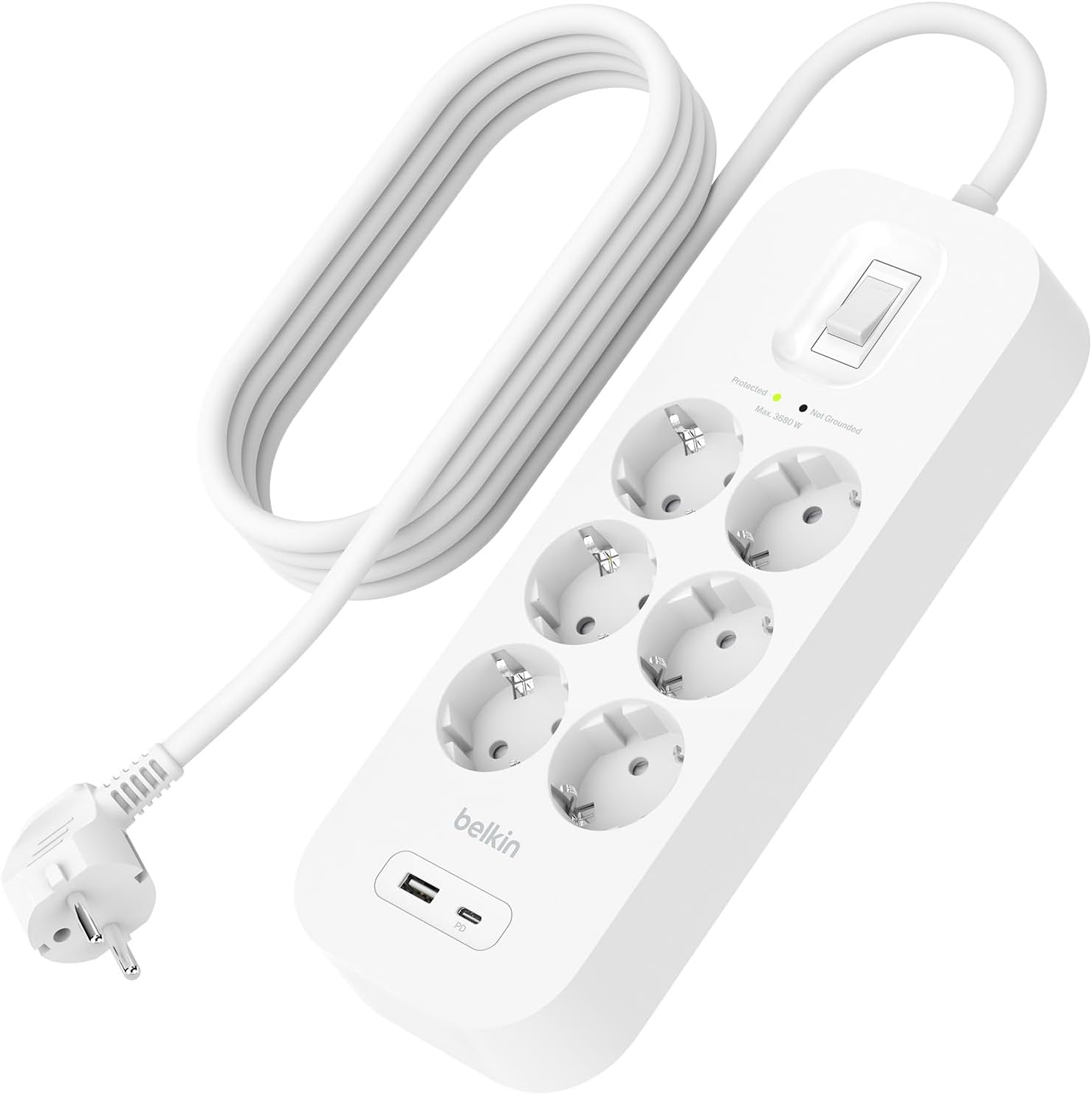 фото Сетевой фильтр belkin 4x, 6 розеток, 1 usb-a, 1 usb-c, 650j , 2 метра, белый srb002vf2m