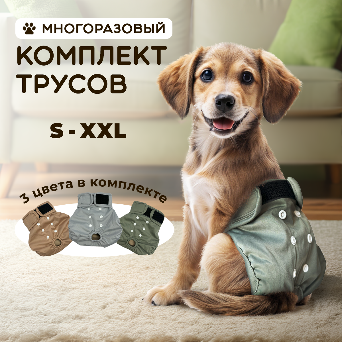 

Трусы многоразовые для собак SuperPets, размер L, 3 шт, разноцветные, Бежевый;зеленый;серый, трусы многоразовые