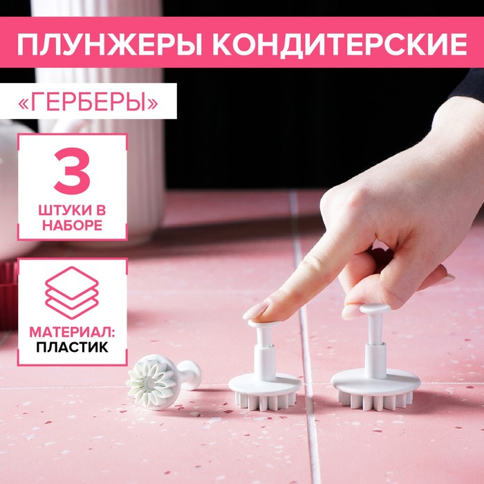 

Набор плунжеров кондитерских Доляна Герберы, 3 шт, размеры цветков: 2,3 см, 3 см, 3,8 см, Белый