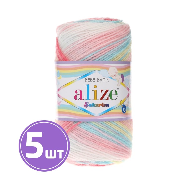 

Пряжа ALIZE Sekerim bebe batik 3045, розовый-белый-желтый-голубой, 5 шт. по 100 г, Разноцветный