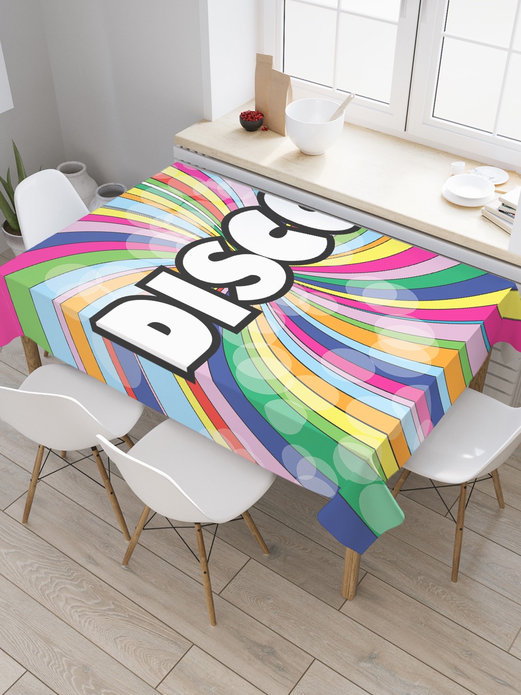 фото Скатерть прямоугольная joyarty "цветное диско" из сатена, 120x145 см