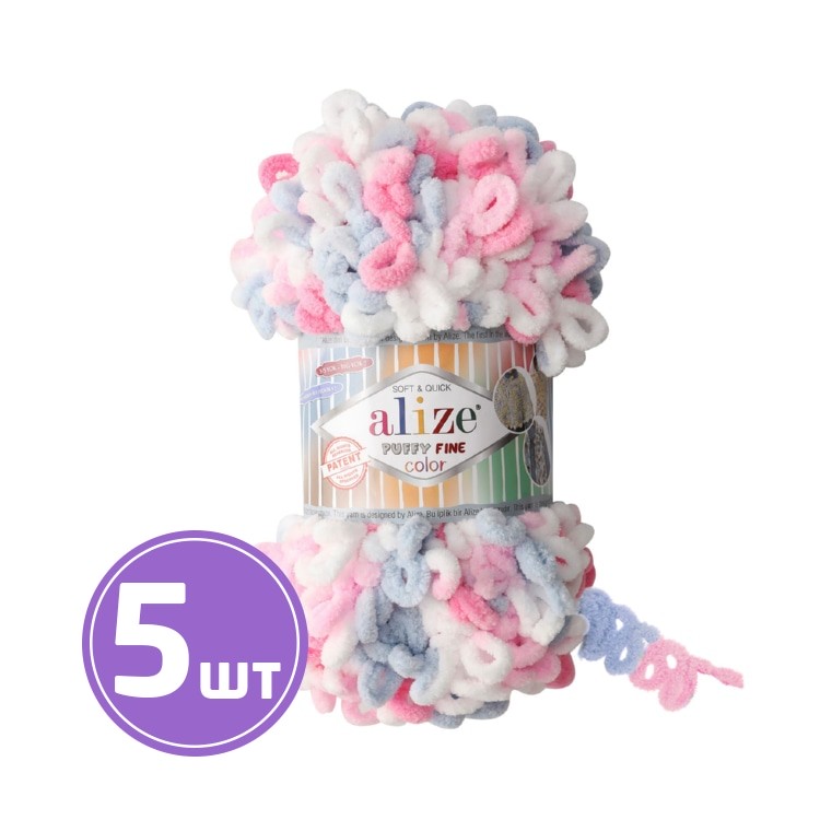 

Пряжа ALIZE Puffy Fine color 14 5945, розовый-св.голубой-белый, 5 шт. по 100 г, Разноцветный