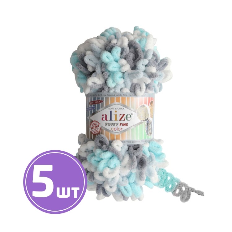 

Пряжа ALIZE Puffy Fine color 14 5939, св.бирюзовый-белый-серый, 5 шт. по 100 г