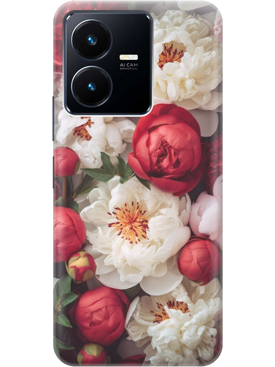 

Силиконовый чехол на Vivo Y22 с рисунком "Красно-белые пионы", Белый;красный, 20000342