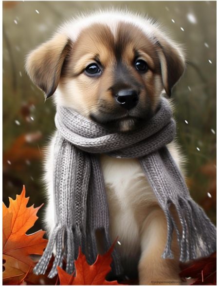 

Алмазная мозаика на подрамнике Пёсик в шарфе, 50x40 см, 47 цветов, 67332, ПРА-459