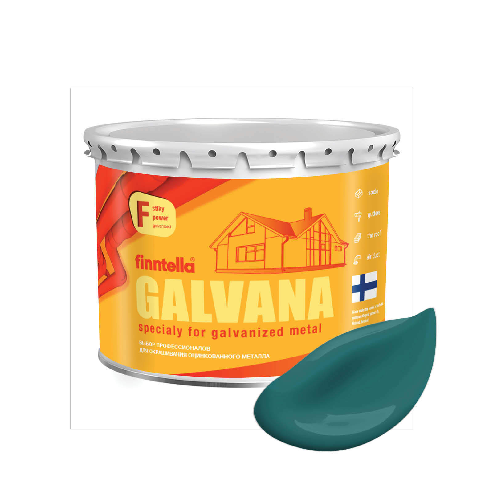 

Краска GALVANA FINNTELLA Матовая, MALAKIITTI темно-бирюзовый, 2,7л, Синий, GALVANA по оцинкованному металлу и бетону