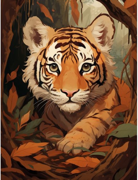 

Алмазная мозаика на подрамнике Тигрёнок в листве, 70x50 см, 49 цветов, 67028, ПРА-435