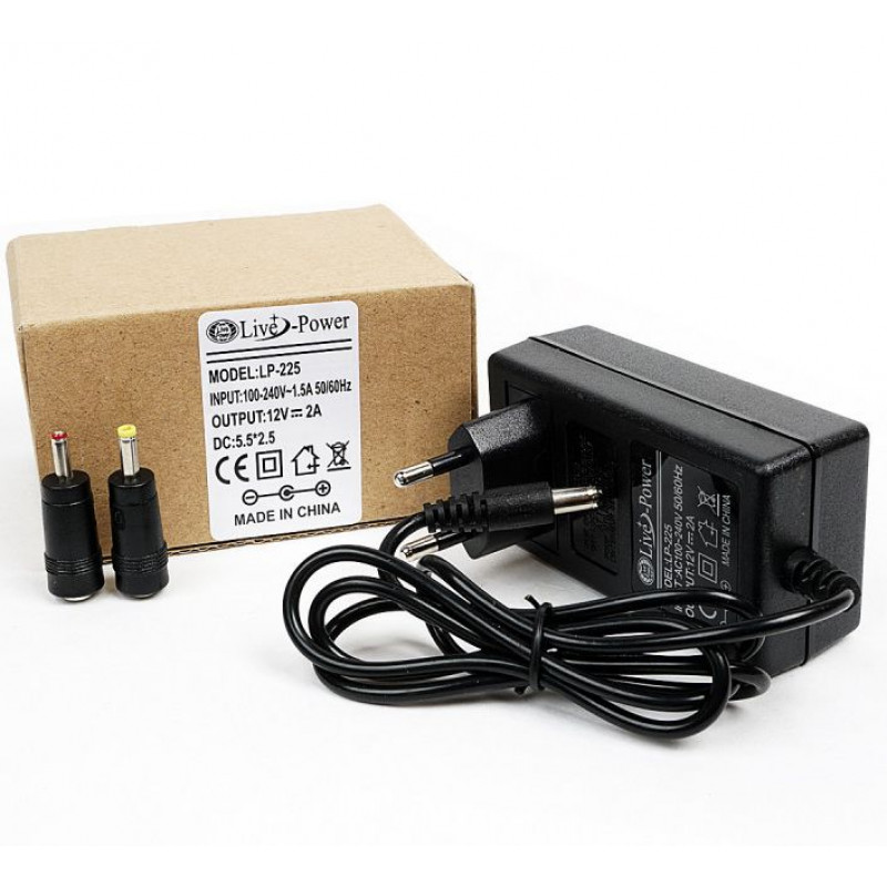 

Блок питания Live Power LP225 12V 2A(штекер 5.5*2.5) + 2 насадки (5.5*1.7/3.5*1.35), Черный, LP225