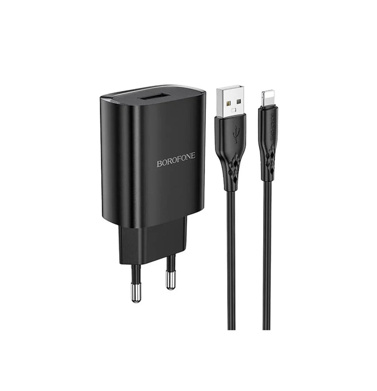 фото Сетевое зарядное устройство borofone bn1 с шнуром lightning 1usb 2.1a черное