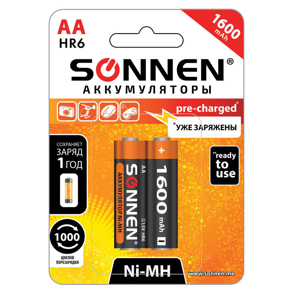 Аккумуляторная батарея Sonnen HR06 (АА) 1600 mAh, 2 шт аккумуляторные батарейки sonnen