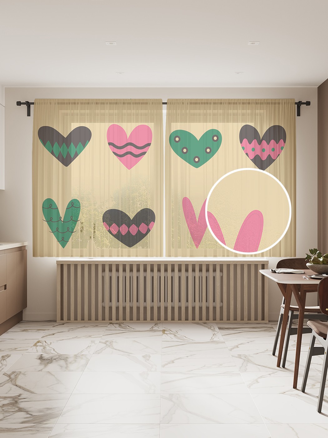 

Фототюль JoyArty "Текстурные сердечки", 145x180см (2 полотна с лентой + 50 крючков), Текстурные сердечки