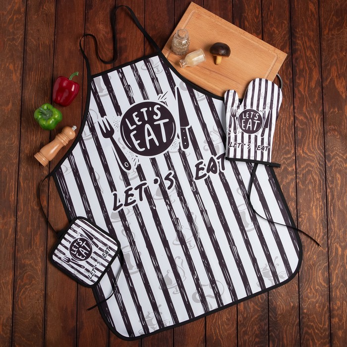 

Кухонный набор 3 предмета Доляна "Eat" прихватка 17х17 см, варежка 25х16 см, фартук 60х80, Белый;черный, Кофе