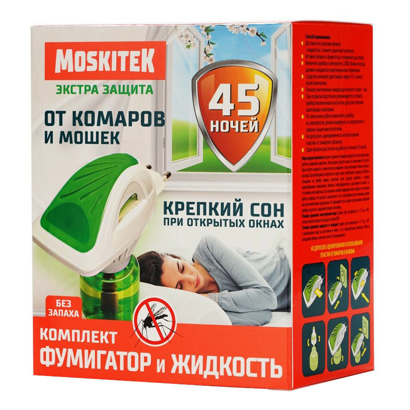 Комплект Moskitek фумигатор и жидкость от комаров и мошек без запаха 30 мл