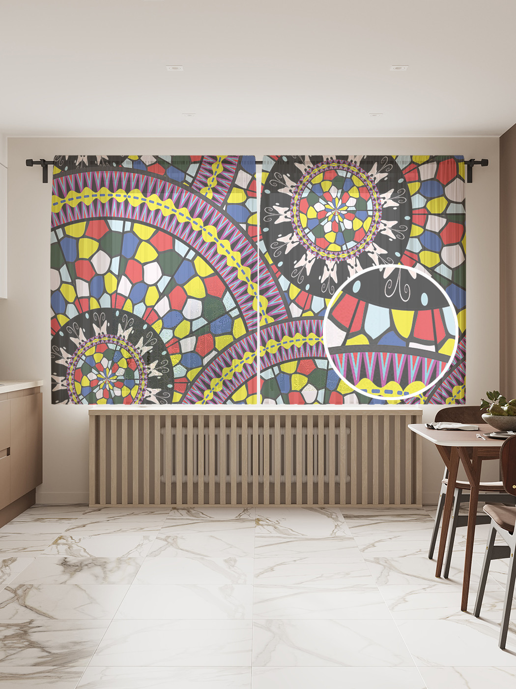 

Фототюль JoyArty "Цветные круги мозаики", 145x180см (2 полотна с лентой + 50 крючков), Цветные круги мозаики