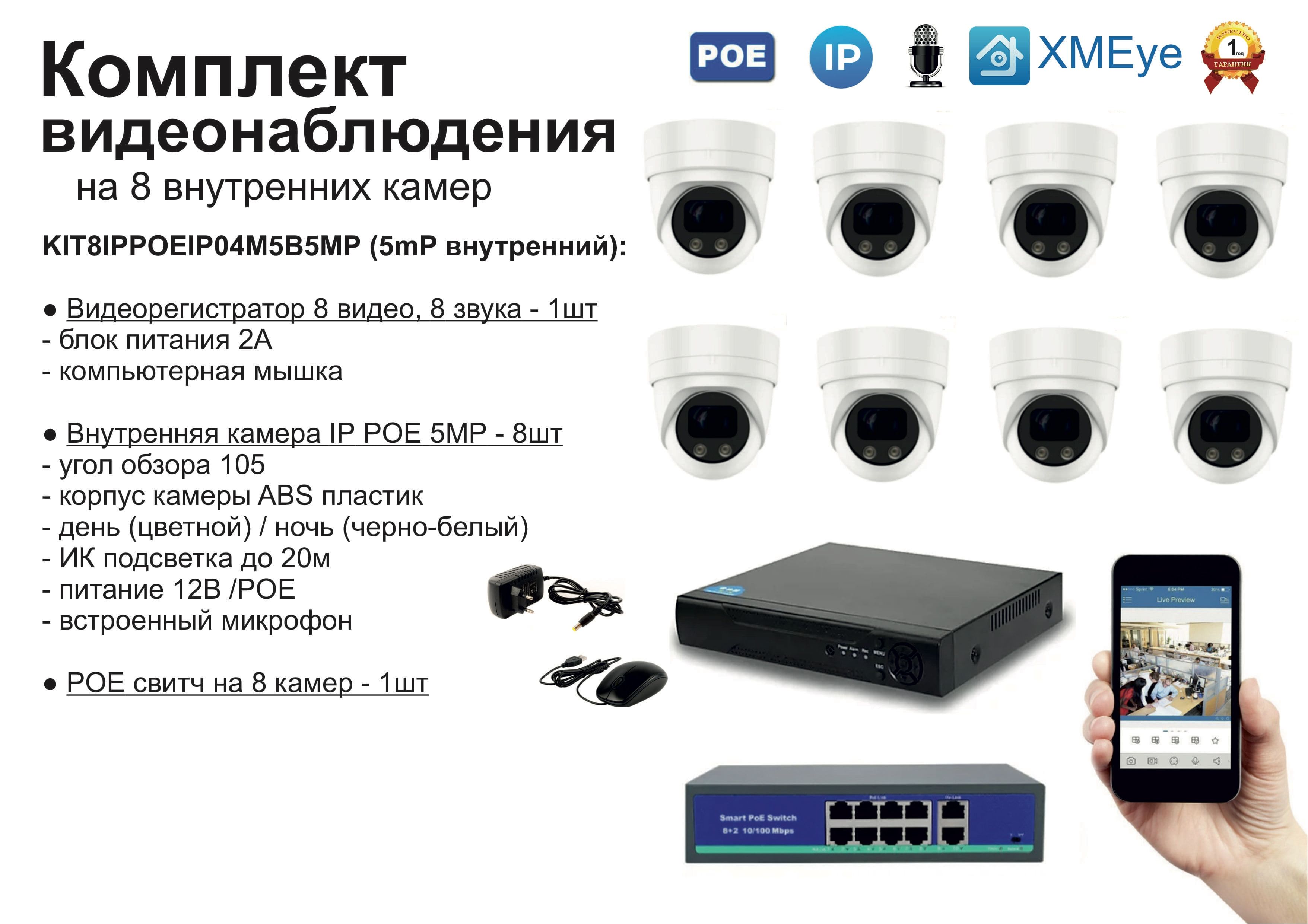 

KIT8IPPOEIP04M5B5MP. Комплект видеонаблюдения IP POE на 8 камер. Внутренний, 5мП, Белый, IPPOEKIT