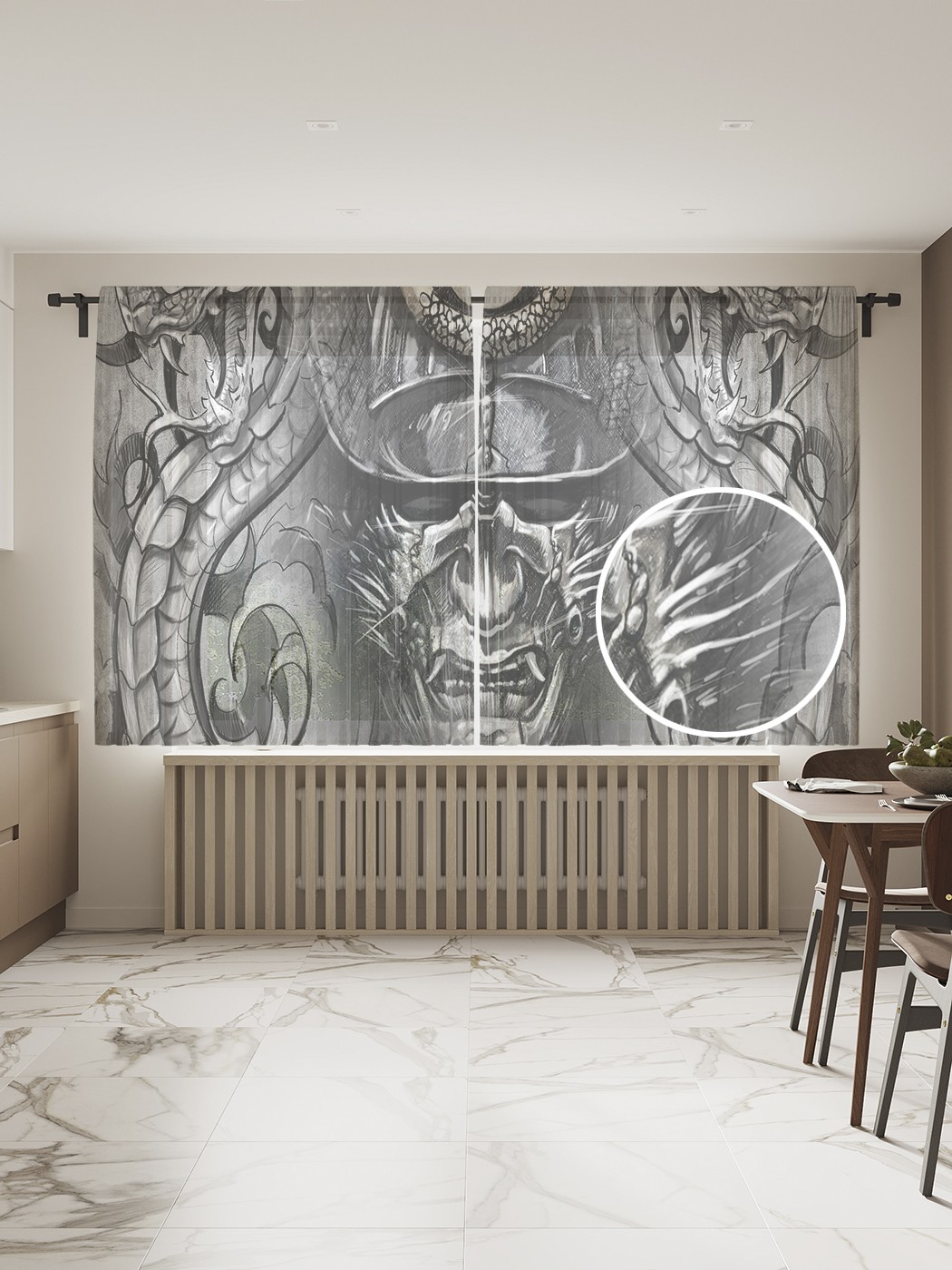 фото Фототюль joyarty "японская маска воина", 145x180см (2 полотна с лентой + 50 крючков)