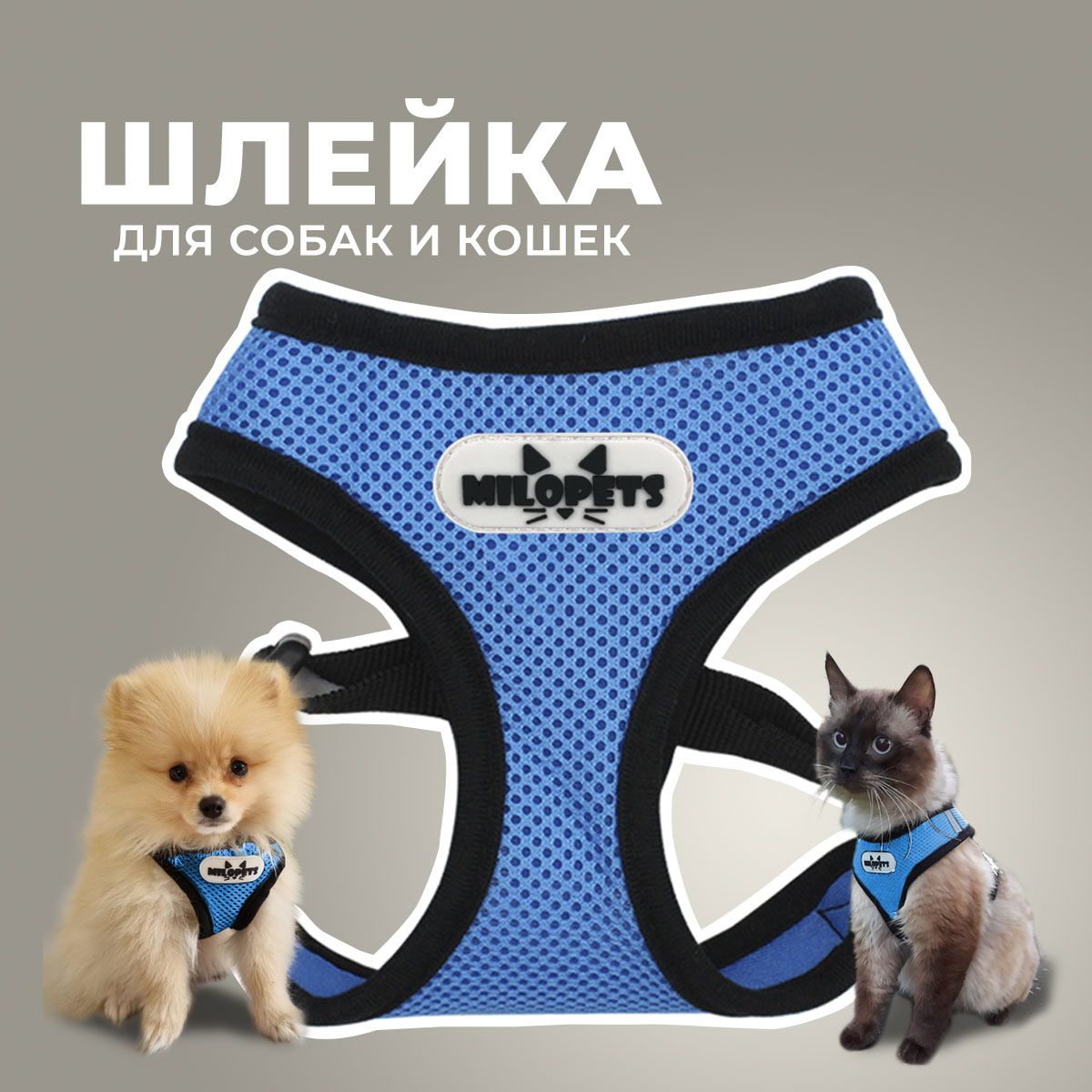 Шлейка с поводком для собак и кошек MiloPets, голубой, полиэстер, 120 см, M, 35-48 см