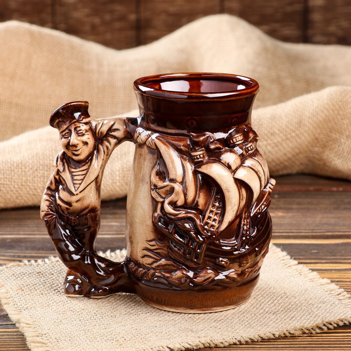 фото Пивная кружка моряк, коричневая, керамика, 0.6 л керамика ручной работы