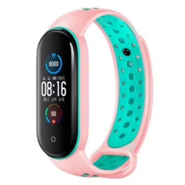 

Ремешок силиконовый перфорированный NK для Xiaomi Mi Band 5 (6), пудровый+зеленый
