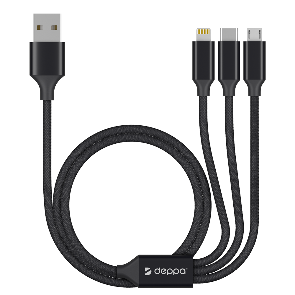 Кабель Deppa USB - Lightning/Type-C/MicroUSB 2.4А, 1.2 м, черный (72299)