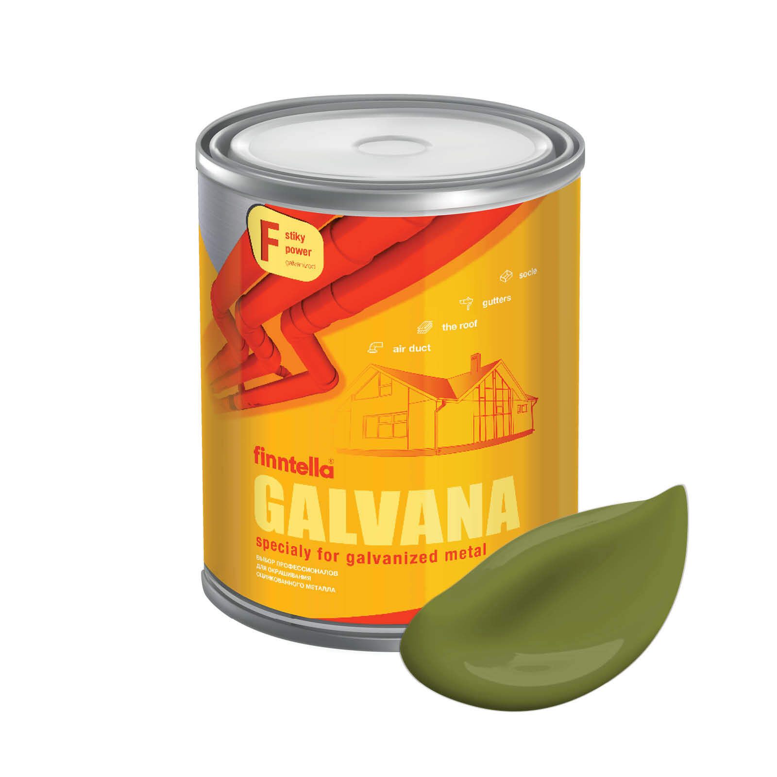 

Краска GALVANA FINNTELLA Матовая, RUOHO травяной зеленый, 0,9л, GALVANA по оцинкованному металлу и бетону