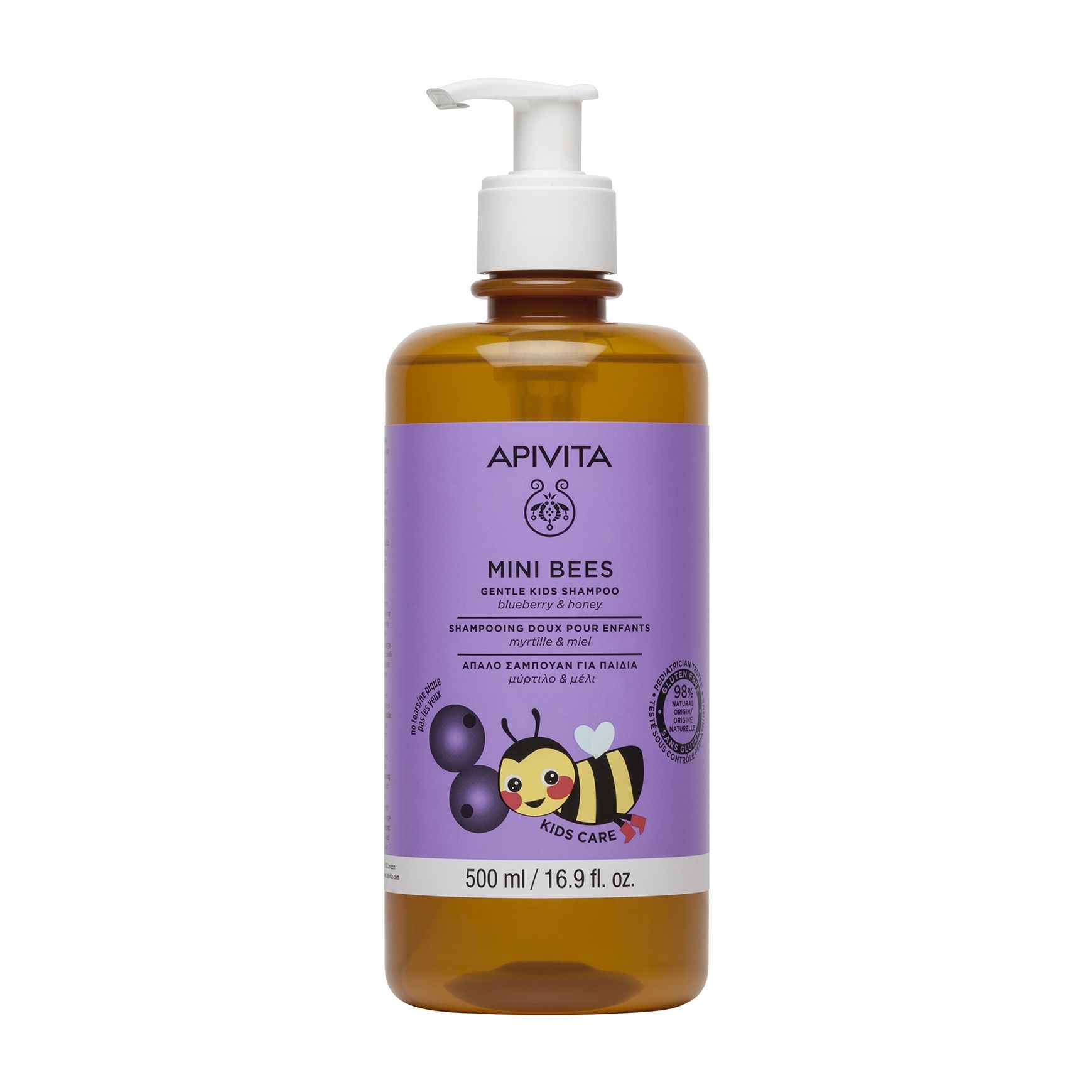 Нежный шампунь для волос Apivita Mini Bees Gentle Kids Shampoo с черникой и медом
