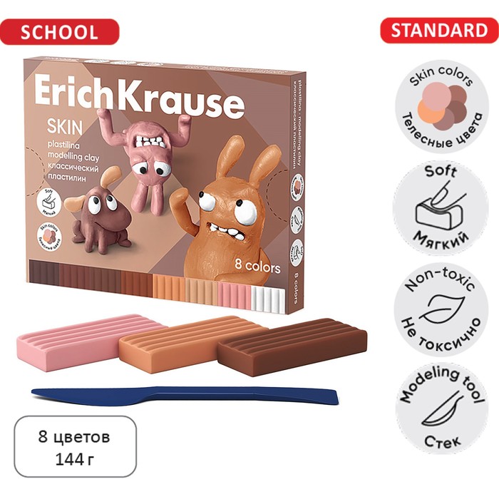 

Пластилин erichkrause jolly friends skin, 8 цветов, 144 г, со стеком, в картонной упаковке