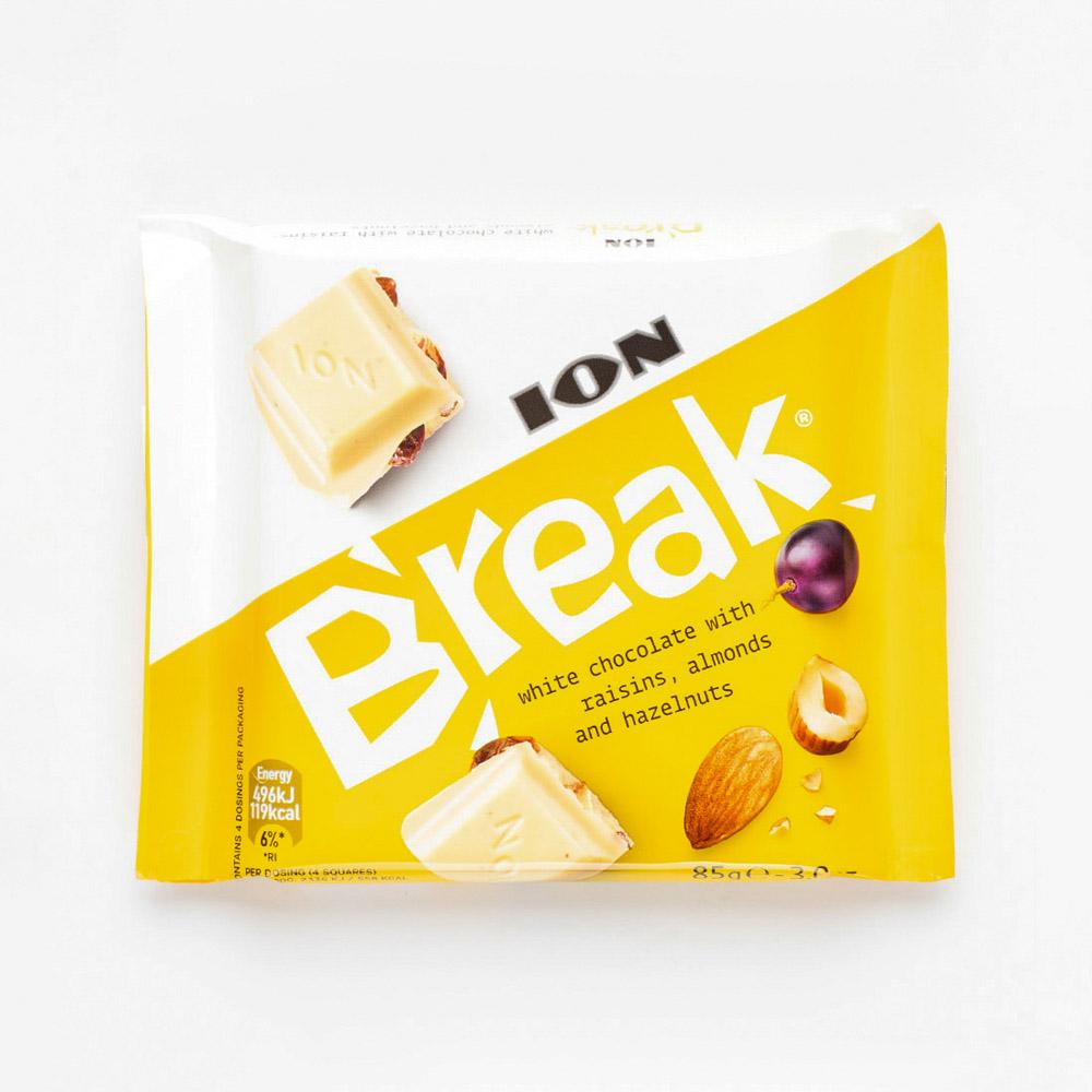 Шоколад ION Break белый, с изюмом и орехами, 85 г