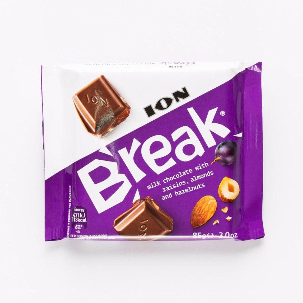 Шоколад ION Break молочный, с изюмом и орехами, 85 г