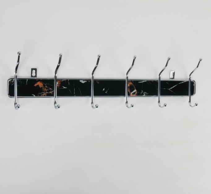 фото Доляна вешалка настенная доляна «чёрный мрамор», 6 двойных крючков, 50×15,5×6 см хром