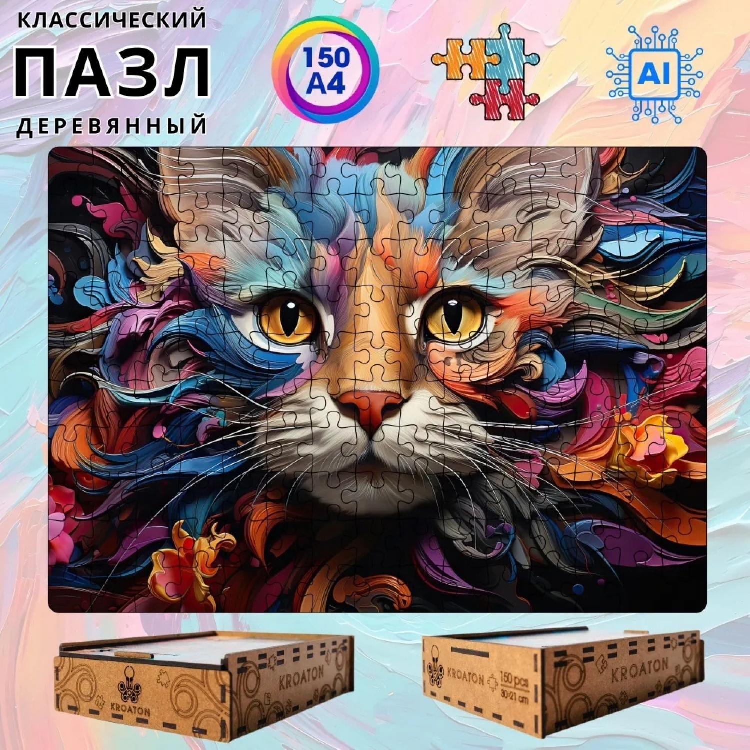 

Деревянный пазл Kroaton Кошка 150 деталей 29х20 см