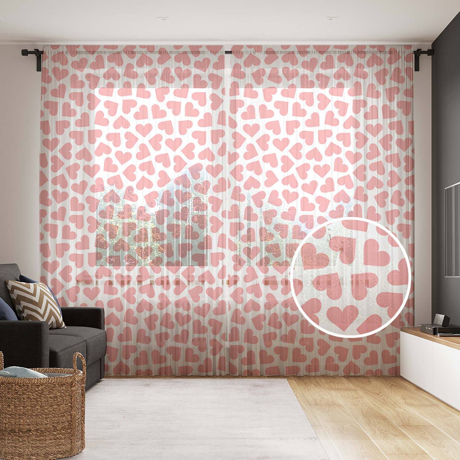 

Тюль для кухни и спальни JoyArty "Pink heart" 145х265 см 2 полотна, Pink heart