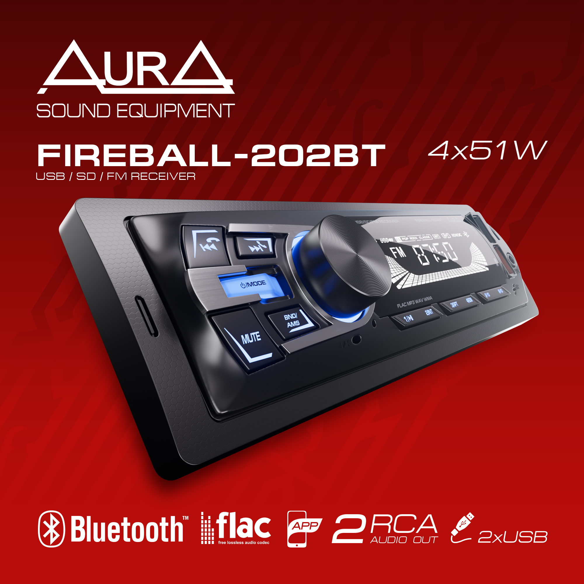 Ресивер автомобильный AurA FIREBALL-202BT USB/BT